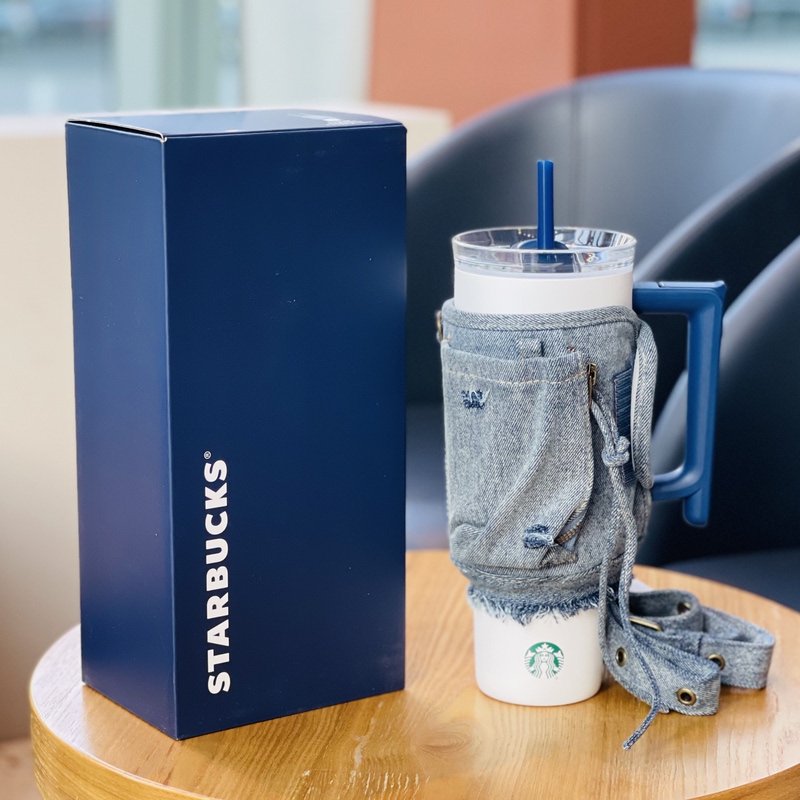 Starbucks 26 Spring Denim Star Coffee Stainless Steel Car Handle Ice Cup with Dual Drinking Spouts and Multifunctional Cup Sleeve
