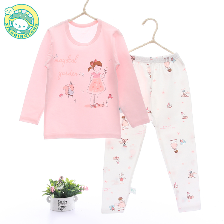 Xiao Qinglong Lycra đồ lót set trẻ em mùa xuân và mùa thu mỏng chàng trai và cô gái thấp cổ tròn quần áo mùa thu đồ ngủ cotton đồ bộ cotton cho bé gái