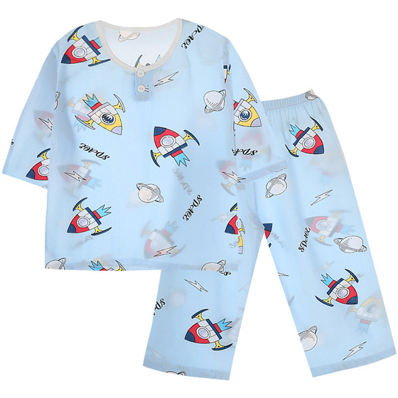 Xiaoqinglong Children's Summer Thin Section Cotton Silk Mid-Sleeve Pajamas Set Boys Baby Air Conditioning Clothes Girls Cotton Silk Homewear