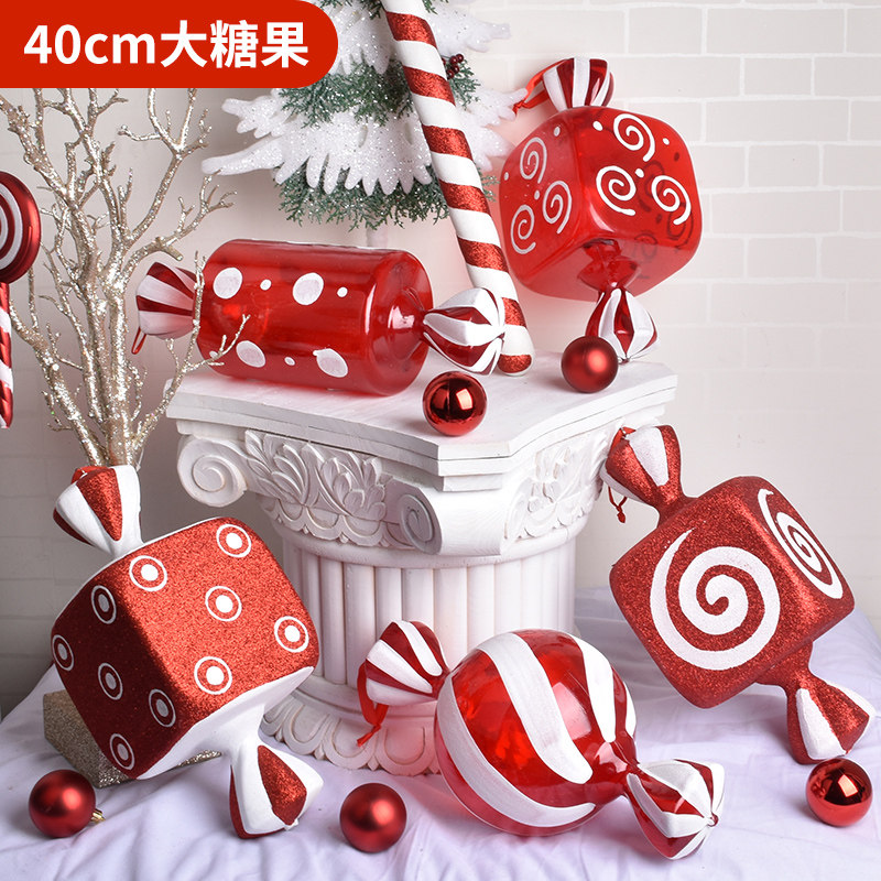 Christmas decoration scene decoration pendant DIY candy ornaments Shopping mall supermarket 40CM red and white transparent powder candy