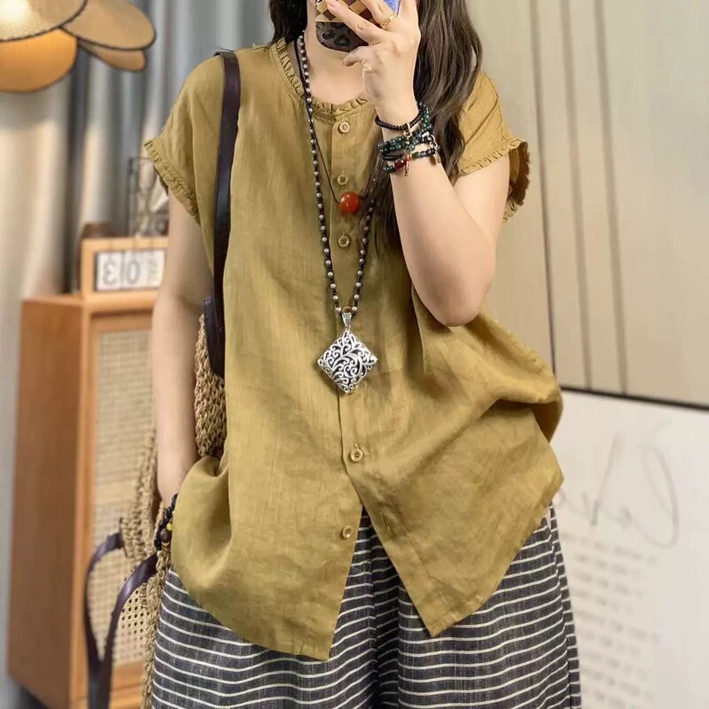 Artistic Patchwork Shirt, Summer Women's Shirt, Cotton and Linen Solid Color Cardigan, Casual Versatile Stylish Lightweight Top