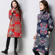 Áo len nữ mùa đông dày cộng nhung ấm áp áo dài tay quốc gió nữ cổ cao hoang dã in váy midi rộng