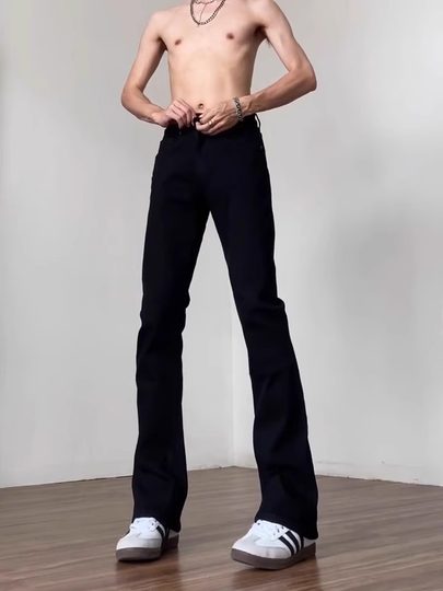 柳叶弯刀牛仔裤男秋冬加绒直筒窄版裤子cleanfit美式显腿长微喇裤