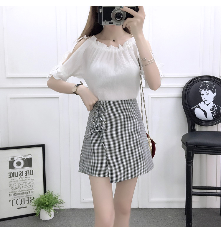 VK旗艦店 韓國風露肩時尚雪紡高腰系帶綁帶套裝短袖裙裝