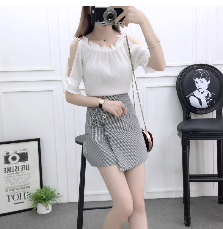 VK旗艦店 韓國風露肩時尚雪紡高腰系帶綁帶套裝短袖裙裝