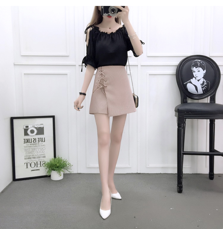 VK旗艦店 韓國風露肩時尚雪紡高腰系帶綁帶套裝短袖裙裝