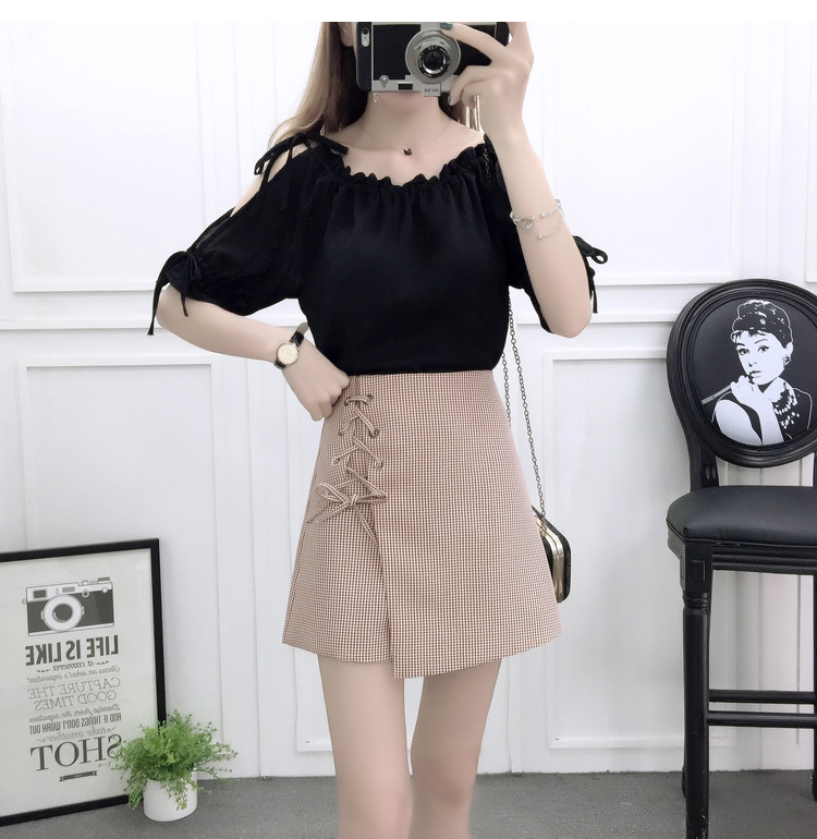 VK旗艦店 韓國風露肩時尚雪紡高腰系帶綁帶套裝短袖裙裝