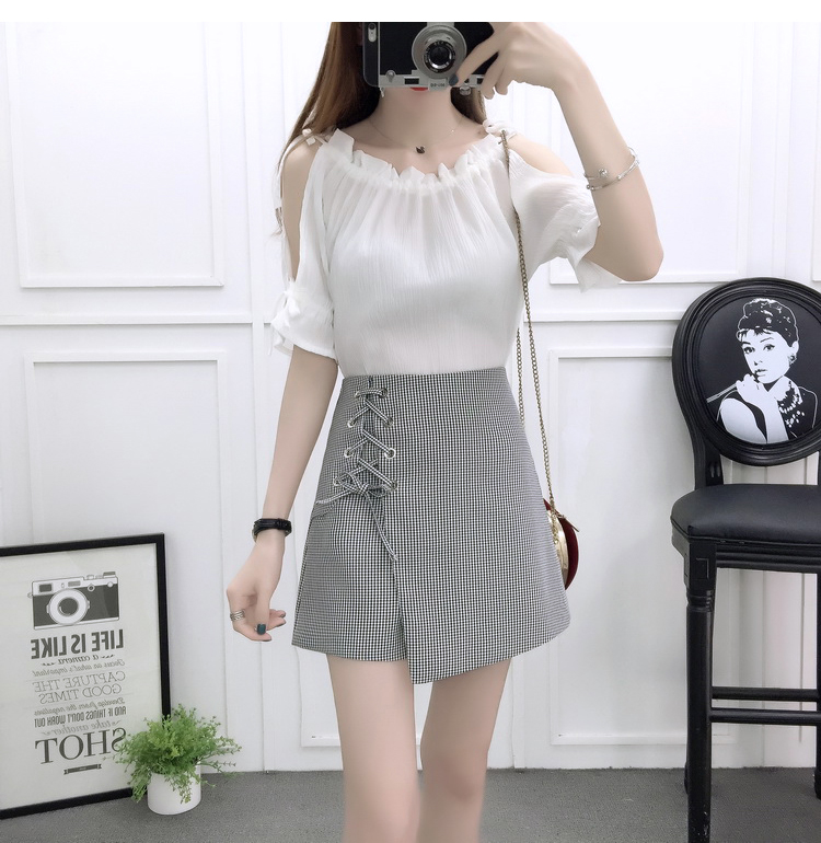 VK旗艦店 韓國風露肩時尚雪紡高腰系帶綁帶套裝短袖裙裝