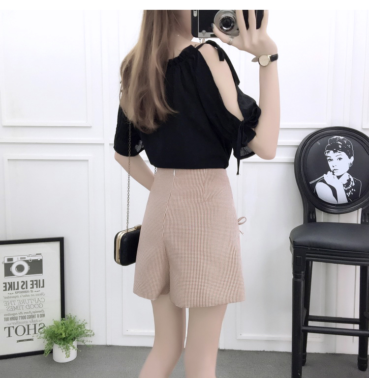 VK旗艦店 韓國風露肩時尚雪紡高腰系帶綁帶套裝短袖裙裝