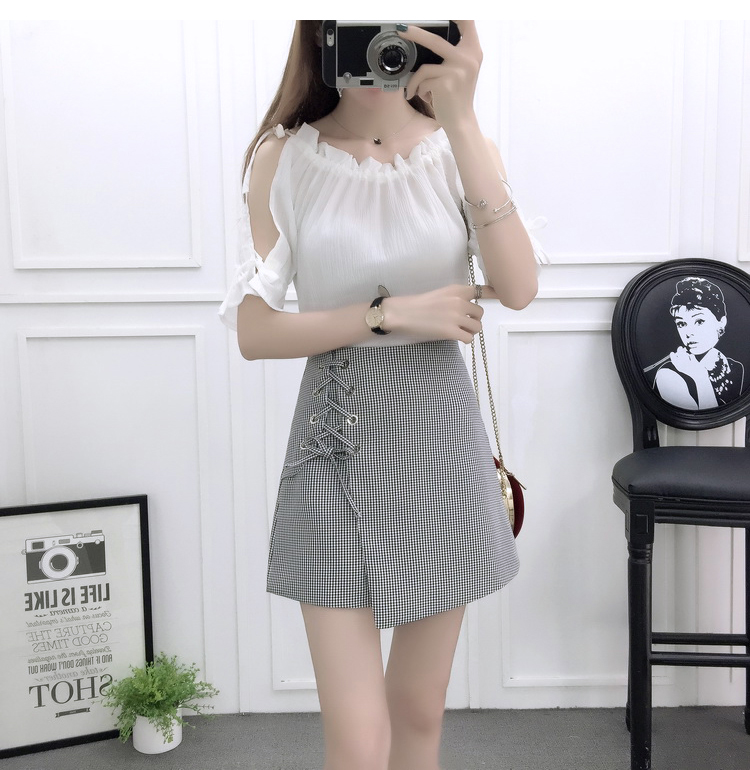 VK旗艦店 韓國風露肩時尚雪紡高腰系帶綁帶套裝短袖裙裝