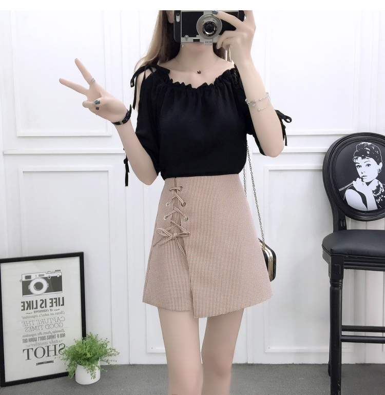 VK旗艦店 韓國風露肩時尚雪紡高腰系帶綁帶套裝短袖裙裝