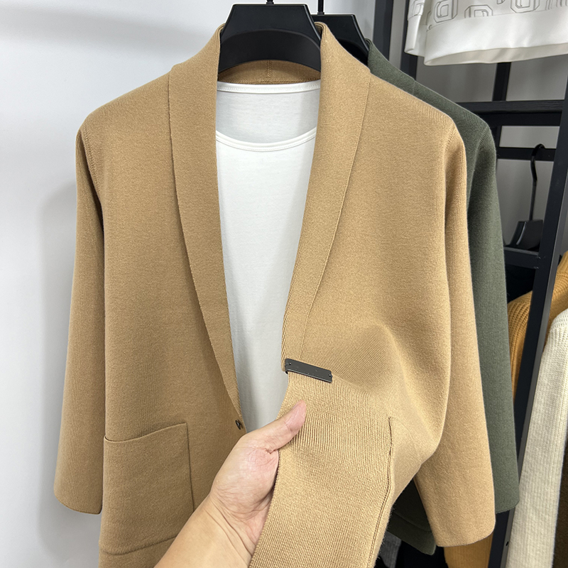 Green Fruit Collar Small Suit Sweater Cardigan Men's Knitwear Jacket Slim Fit Autumn Trendy Men's High-End Casual Suit
