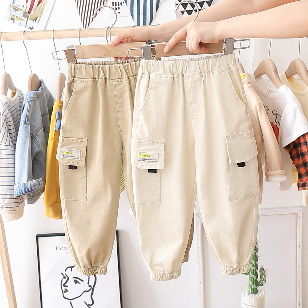 Boy pure cotton Korean version work pants 2021 spring new middle and children foreign bunches foot casual pants baby pants tide
