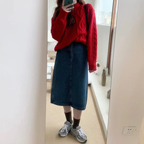 One day 2020 Spring New Korean version of retro loose a character high waist over knee denim half body long skirt children
