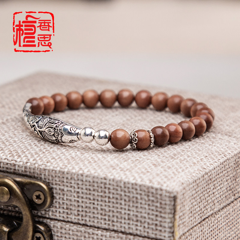 Wood Fish Old Mountain Sandalwood Bracelet 6 Handmade 925 Pure Silver Lotus Fish Matching Ornament Silver Accessories DIY Buddha Pearl Original