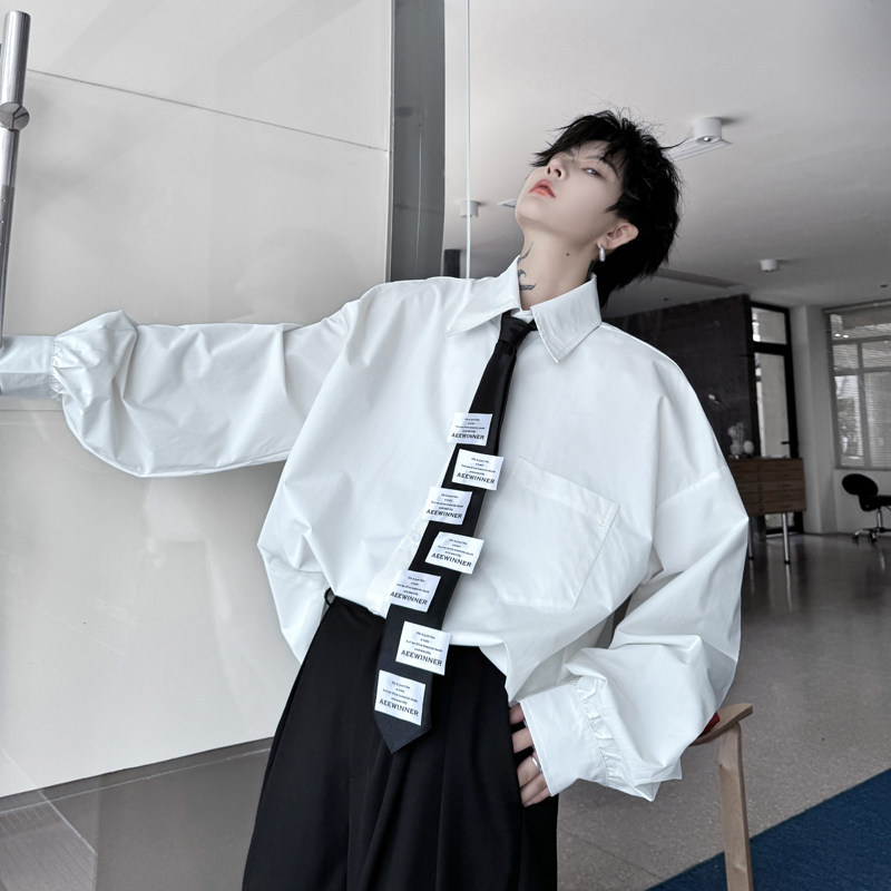 High-End Niche Loose White Shirt for Men and Women, College Style Design Shirt (Including Tie), Wide Version, Solid Color, Trendy
