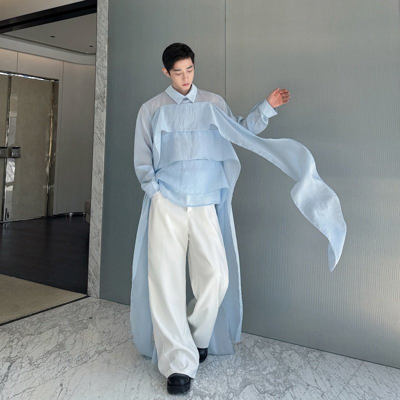 Trendy Blue Ribbon Long-Sleeve Shirt for Men and Women, High-End, Ethereal, Thin, Slightly See-Through Shirt for Performances Trendy Blue Ribbon Long-Sleeve Shirt for Men and Women, High-End, Ethereal, Thin, Slightly See-Through Shirt for Performances