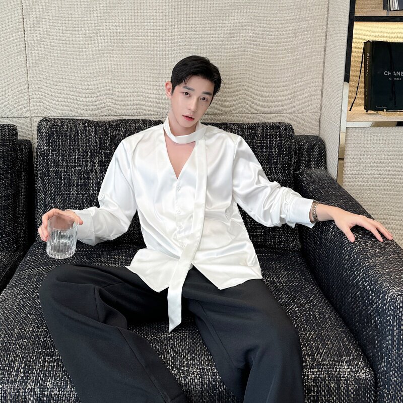 Internet Celebrity Style V-Neck Satin Long-Sleeve Shirt for Men, Stage-Ready, Loose, Light Luxury Tie, French-Style Shirt
