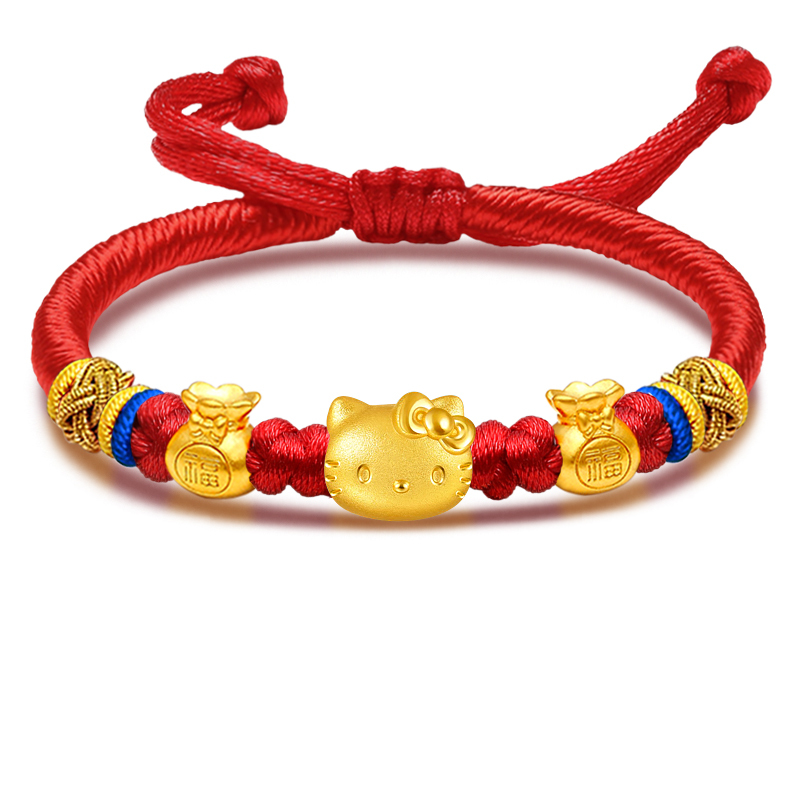 Shenzhen Shuibei Hello Kitty Transfer Bead Red String Bracelet for Women, Gold-Plated Silver Kitty Cat Bowknot Bracelet
