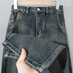 Nostalgic Blue Heavy-Duty Washed Vintage Straight-Leg Jeans Summer Solid Color Straight Loose Retro Casual Long Pants for Men