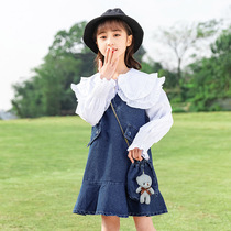 Girl Spring Clothing Dress Dress 2024 New Spring Autumn Ocean Gas Great Children Trendy Suit Girl Denim Braces Skirt