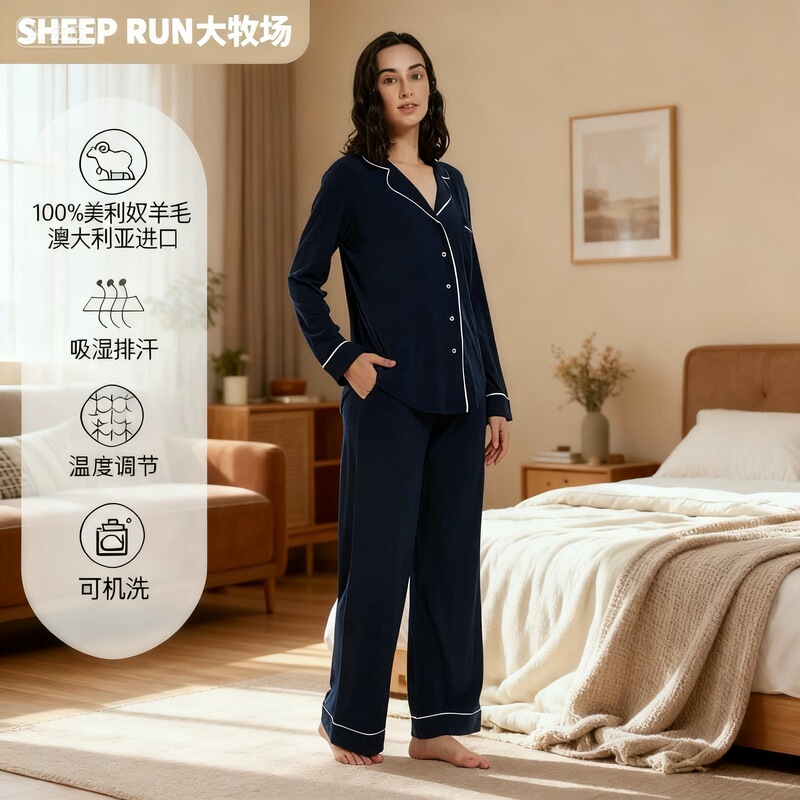 Sheep Run Ranch Merino Wool Women's Spring and Autumn Thin Loose Home Wear Set Warm and Antibacterial