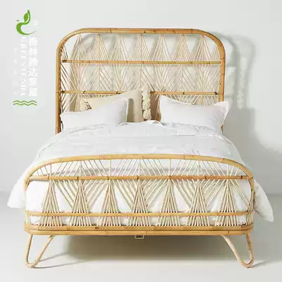 Greentengda queen bed ins rattan bed Shake sound net celebrity double bed Rattan art big bed Hotel bed and breakfast Rattan bed