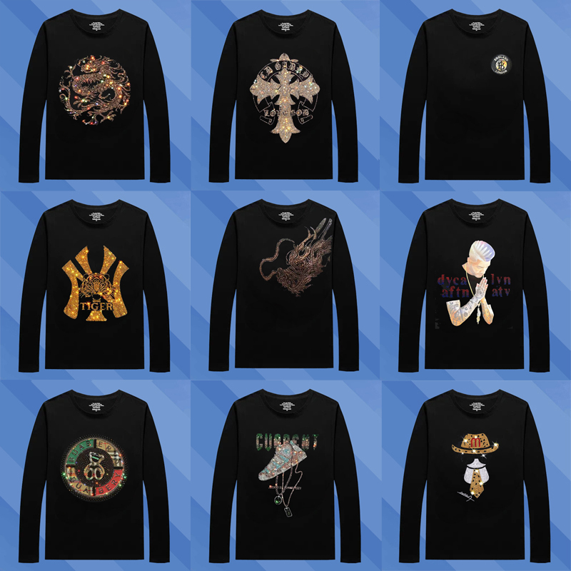 2024 Autumn Long-Sleeve Rhinestone T-Shirt for Men, European and American Style, Slim Fit, Round Neck, Casual, Youthful, Luxury Trendy Brand Base Shirt