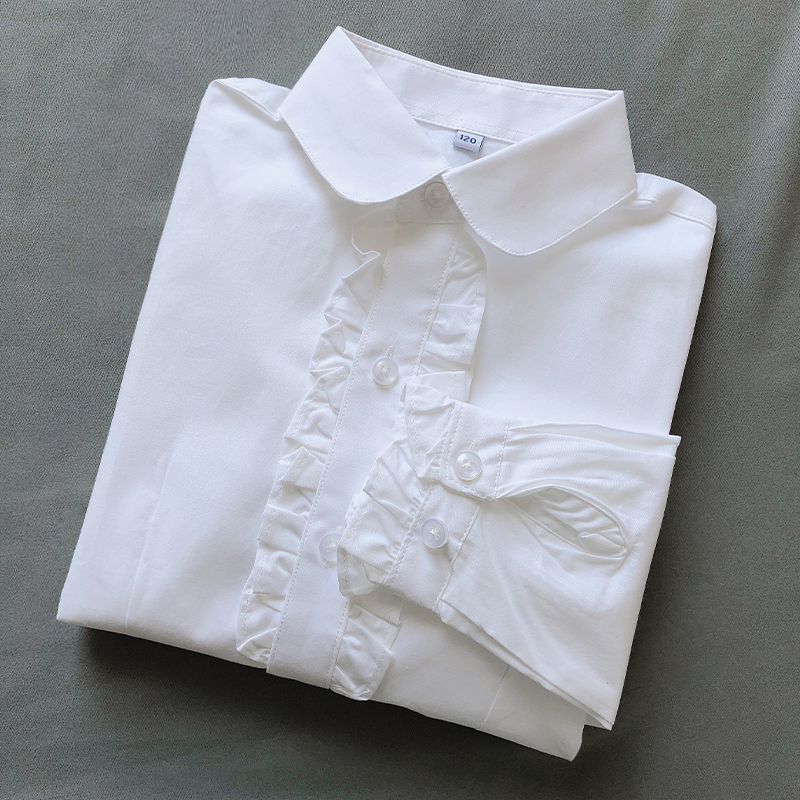 2022 Spring and Autumn New Style Girls' Pure White Shirt with Corsage, Ruffled Sleeves, Medium and Large Children's Pure Cotton Performance School Uniform Shirt