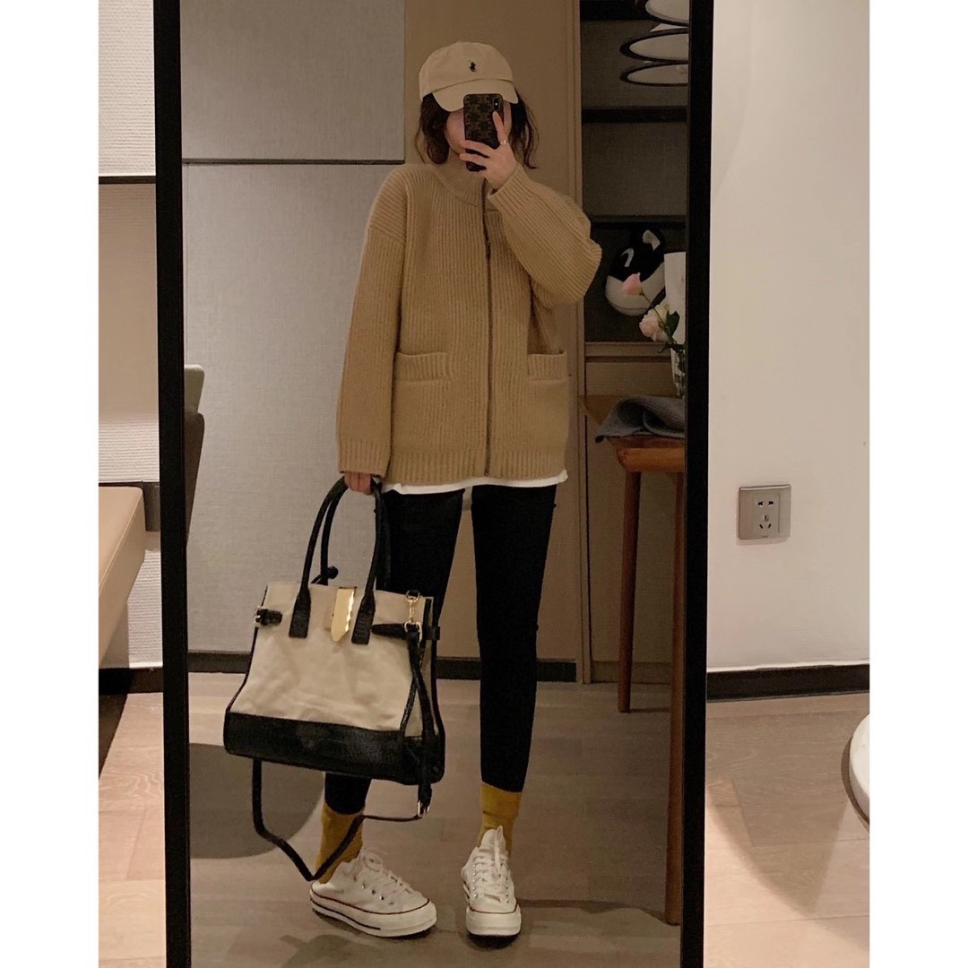 Veee thick solid with warm and neck sweater high density anti-wind knit leather jacket jacket jacket loose and thin woman