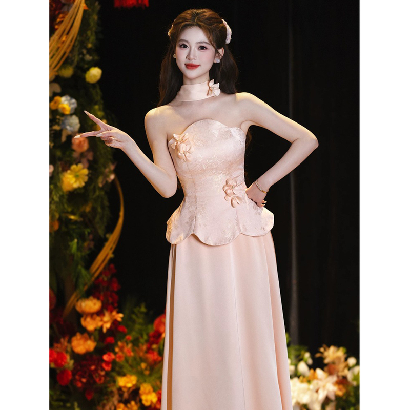 New Chinese-Style Strapless Robe for Women, Bridal Engagement and Wedding Dress, Pink Satin Attire for the Bridal Party and Homecoming