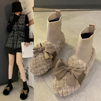 Net red bow lamb wool shoes womens winter outer wear 2022 new all-match flat cotton shoes plus velvet beanie shoes women