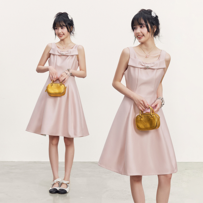 Cream Kitten Peach Bubble Tapioca Bow Dress Women's Summer Sleeveless Waist-Tightening Vest Dress