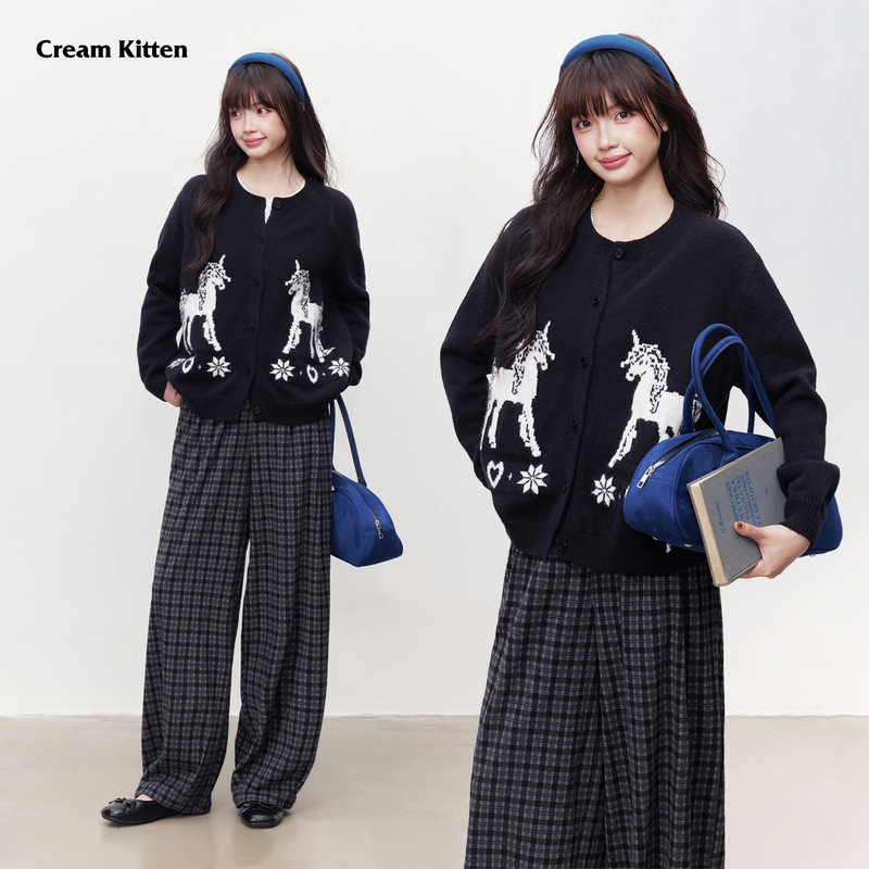 Cream Kitten Twilight Wonderland Unicorn Jacquard Sweater Jacket Women's Autumn Long Sleeve Knitted Cardigan