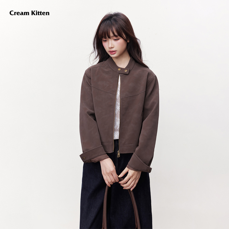 Cream Kitten Twilight Echo Textured Brown Pu Leather Jacket Women's Autumn Loose Leather Jacket Short Coat