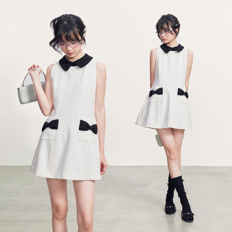 Cream Kitten Sweetheart Hepburn Black and White Bow Dress Women's Summer Sleeveless Tank Dress Slim Fit