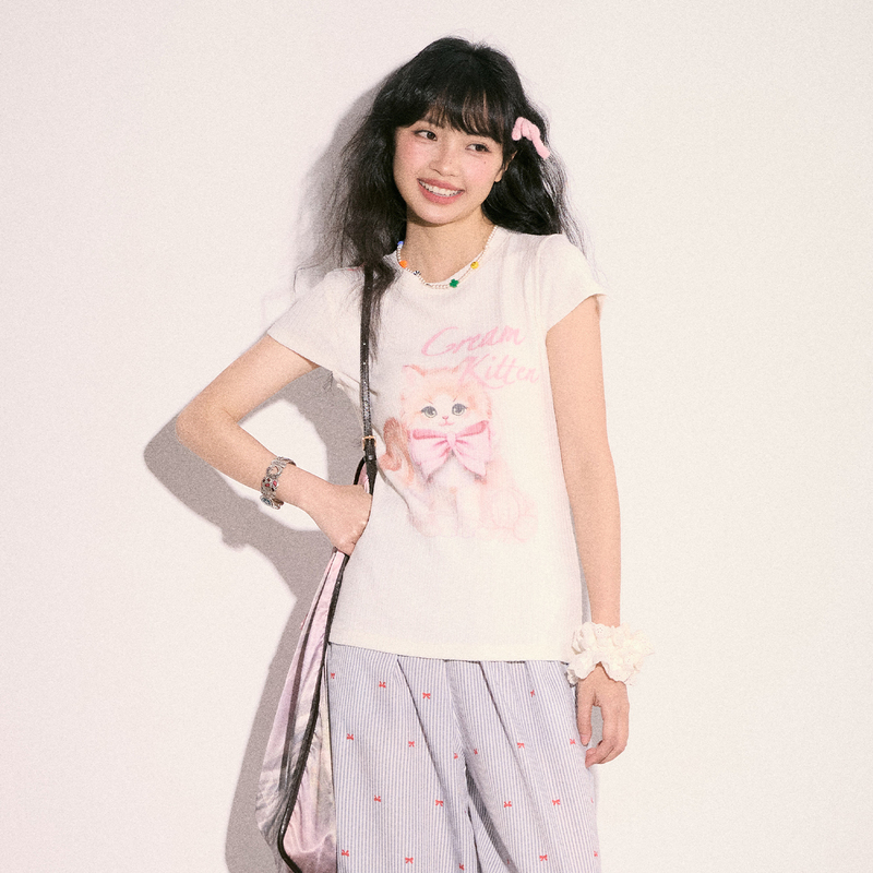 Cream Kitten Meow Paradise Bowknot Kitten Short Sleeve T-Shirt Women's Summer Knitted Regular Shoulder Top