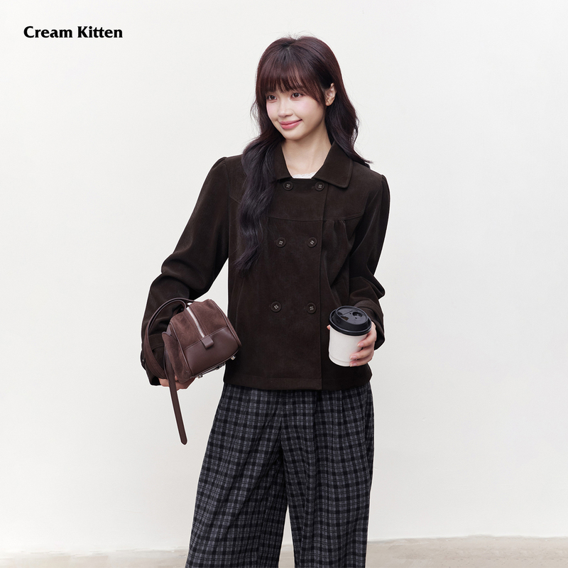 Cream Kitten Twilight Narrative Retro Short Double-Breasted Jacket with Lapel for Women Autumn Short Coat Cream Kitten Twilight Narrative Retro Short Double-Breasted Jacket with Lapel for Women Autumn Short Coat