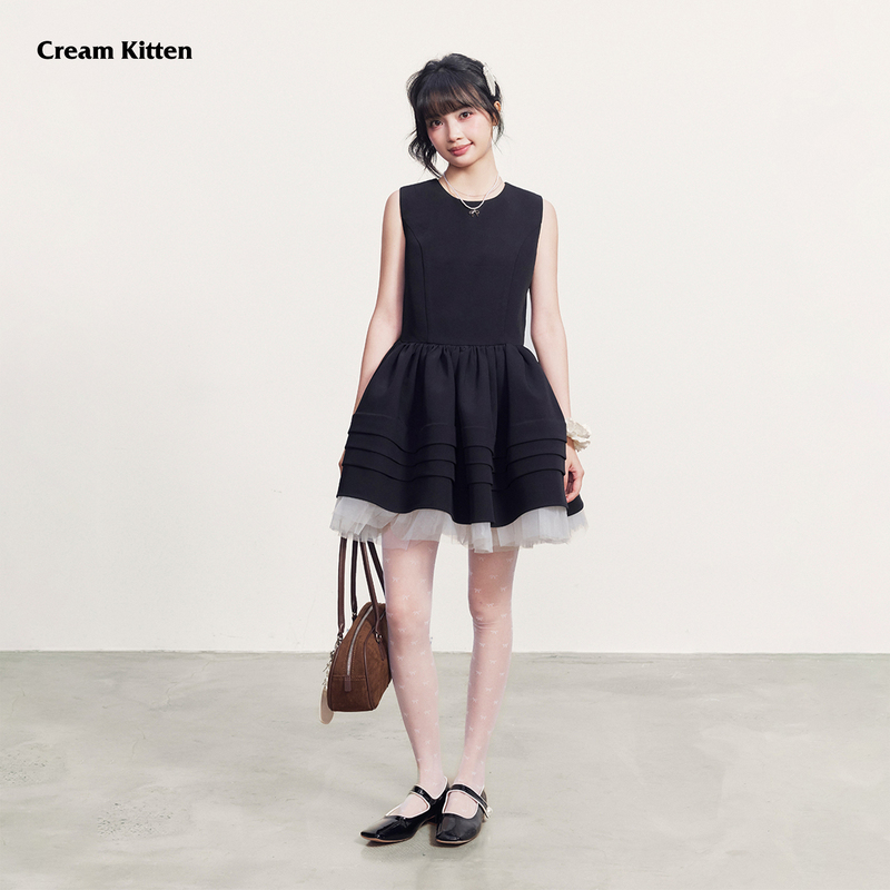 Cream Kitten Quiet Midnight White Gauze Patchwork Dress Women's Summer Sleeveless Vest Short Sleeve Puff Skirt