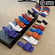Ex-boyfriend ins tide square head high heels woven slippers women outside wear cool summer leather fashion