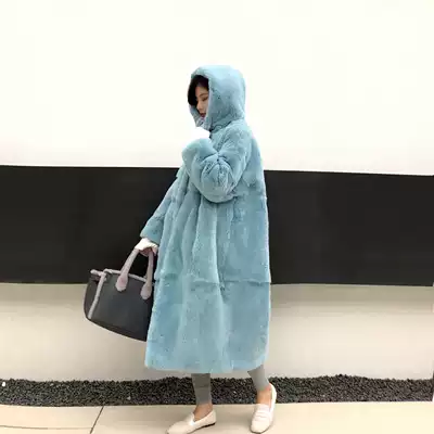 Miss Li fur keeps warm new Rex rabbit hair small yellow duck big long version profile fur coat hairy hooded female