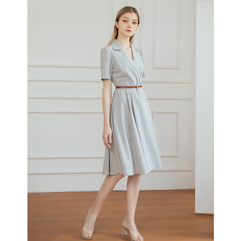 Lmof Gray Suit Collar Dress for Commuting, Civil Service Interviews, Professional Attire, French V-Neck A-Line Skirt, Summer 2026