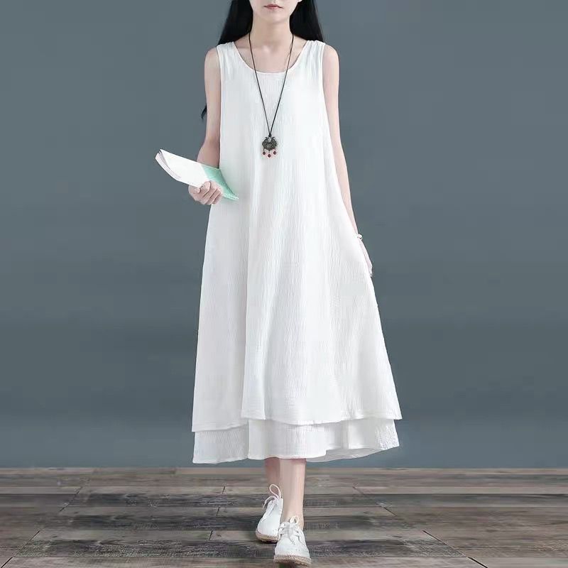 Chinese Style Sleeveless Double-Layer Skirt Cotton and Linen Large Hem Skirt Linen Long Bottoming Dress Literary Style Vest Long Skirt