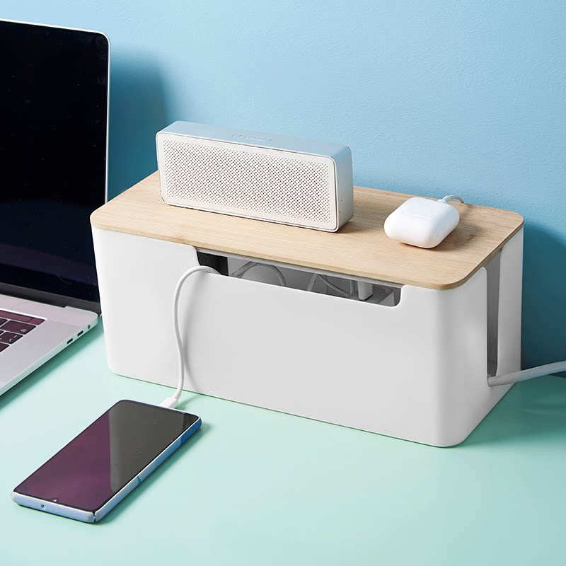 Power cord row plug storage box desktop plug board collection wire box wire finishing box plastic anti-shock bamboo wood wire box