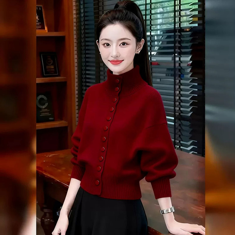 Korean-Style Stand-Up Collar Multi-Button Wool Cardigan for Women, Autumn and Winter Thickened Red Short Sweater Coat, Warm and Slimming Top Korean-Style Stand-Up Collar Multi-Button Wool Cardigan for Women, Autumn and Winter Thickened Red Short Sweater Coat, Warm and Slimming Top
