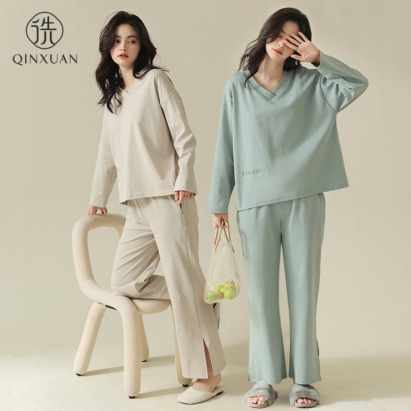 Pajamas Woman Spring Autumn Pure Cotton 2022 New Loose Sleeve Head Brief pure color Long sleeves can be worn outside the home Suits Suit-Taobao