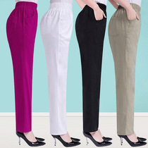 Medium-aged women pants Summer slim pure cotton elastic mom loose casual long pants big code tightness high waist straight drum pants