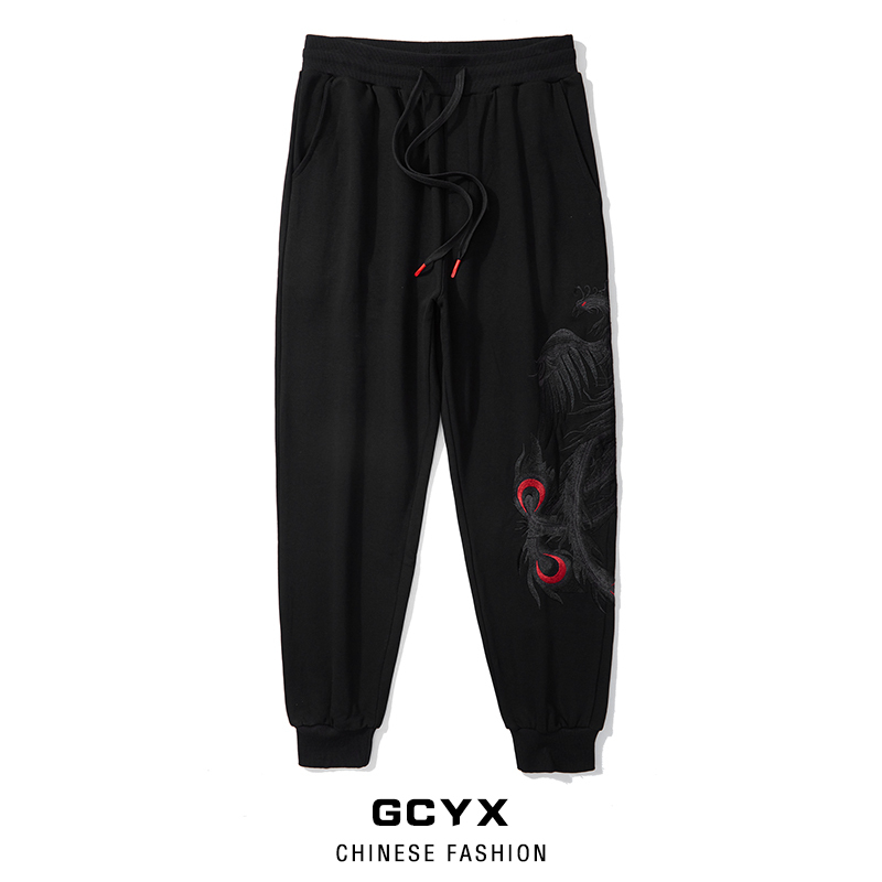 Chinese Style Phoenix Embroidery Black Jogger Sweatpants Embroidered Men's Pure Cotton Plus Size Fleece-Lined Loose Casual Pants