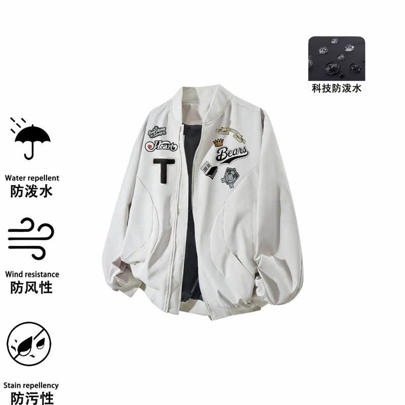 Trendy American-Style Badge Print Bomber Jacket for Men, New Spring and Autumn High-Street Zip-Up Baseball Jacket ins Outerwear