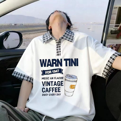 Lapel casual cartoon letter printed short-sleeved T-shirt POLO shirt for men and women, casual loose T-shirt for couples